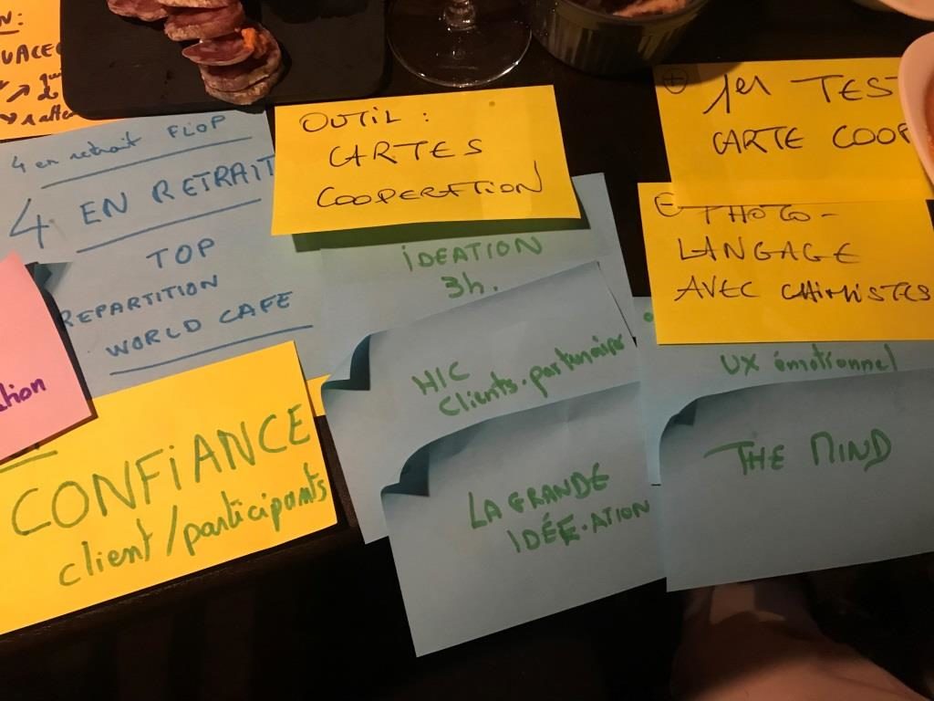 Séquence suivante. Laurence demande à chacun de réfléchir pendant 3’ en notant ses bonnes expériences vécues en matière de facilitations depuis juin, ses moins bonnes expériences, et des outils nouveaux qu’il souhaite partager avec le groupe.